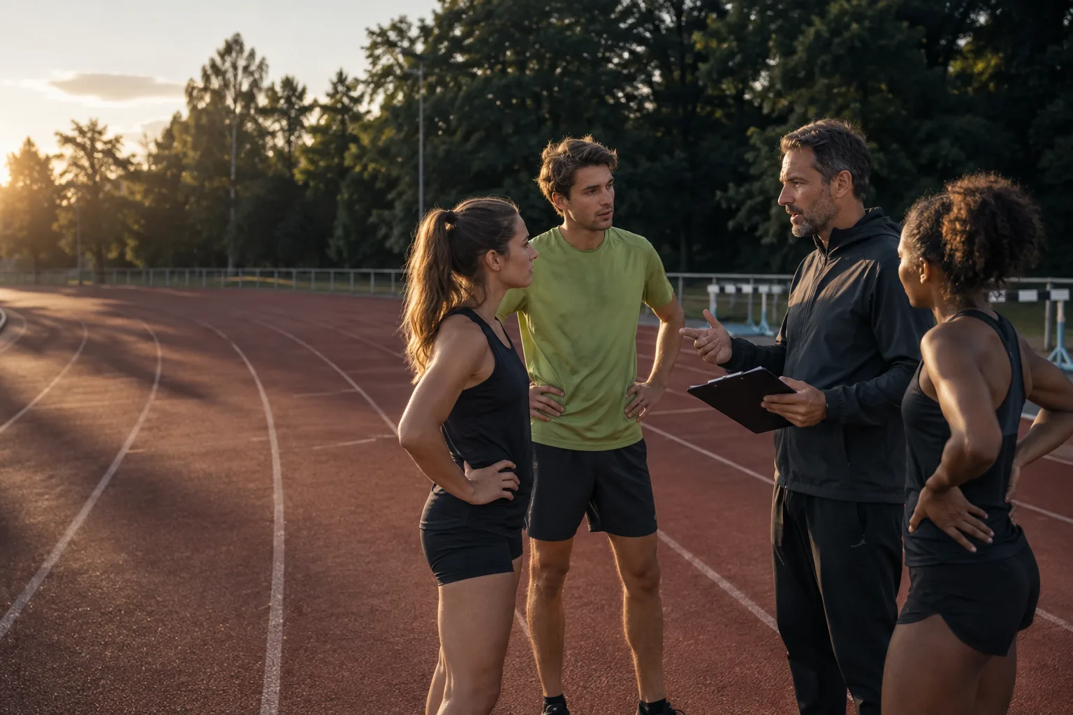 Trainer und Athletinnen und Athleten besprechen eine Einheit auf der Leichtathletikbahn
